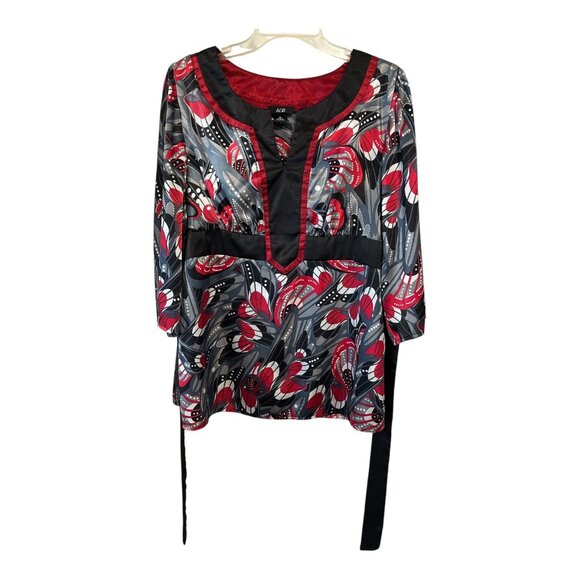 AGB Women’s XL Tunic Blouse | Red Black Gray Abstract Floral Print | Side Zip | - Picture 1 of 6